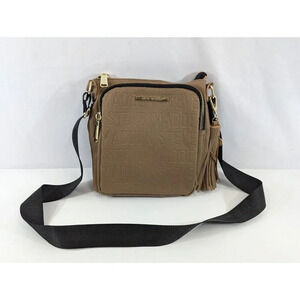 Steve Madden Crossbody Bag Tan Purse Fringe Detail Black Strap Gold Tone NEW